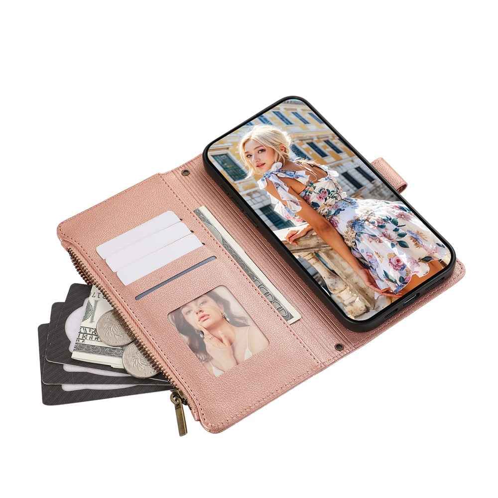For Xiaomi 17 Pro Case Multi Card Slots Zipper Leather Phone Cover with Wrist Strap - Rose Gold