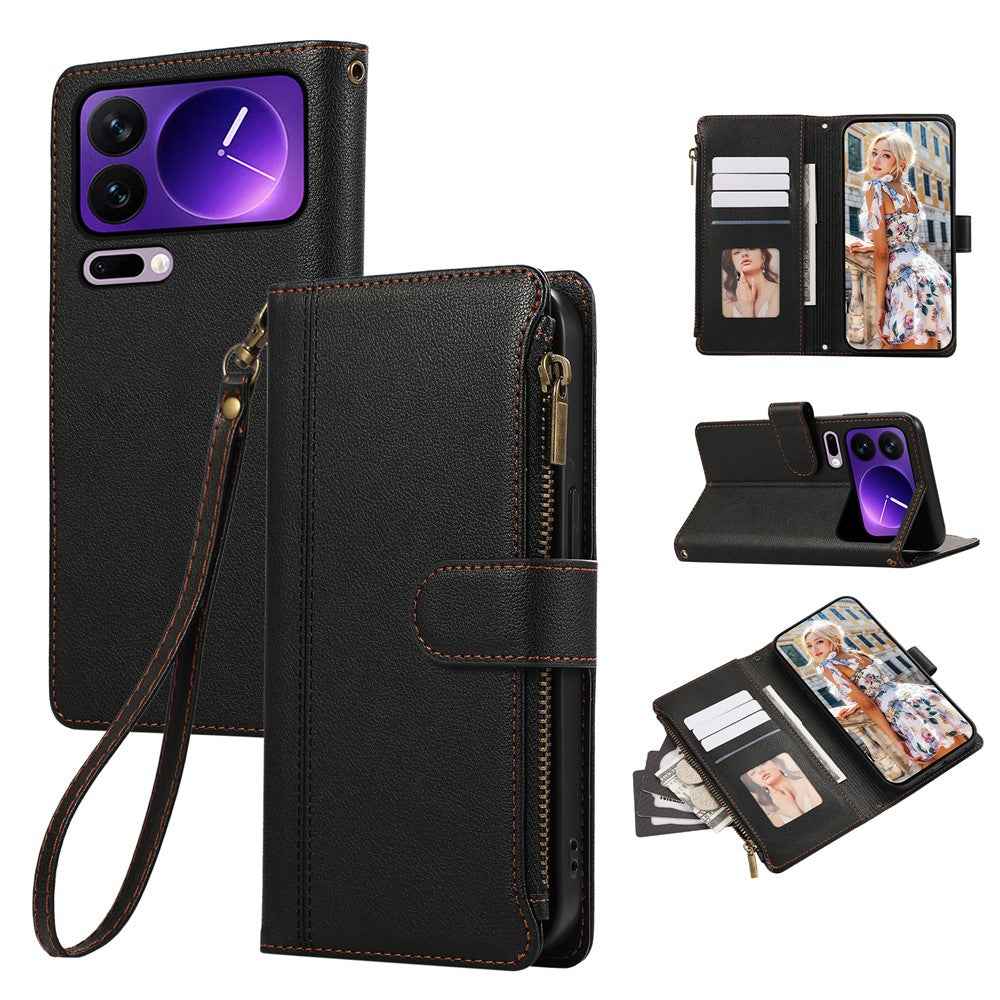 For Xiaomi 17 Pro Case Multi Card Slots Zipper Leather Phone Cover with Wrist Strap - Black