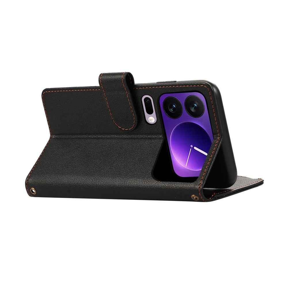 For Xiaomi 17 Pro Case Multi Card Slots Zipper Leather Phone Cover with Wrist Strap - Black