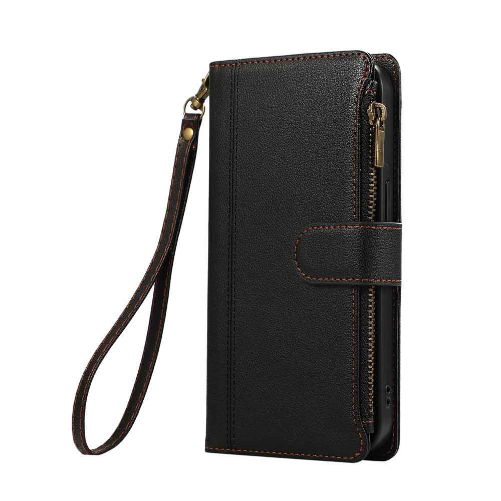 For Xiaomi 17 Pro Case Multi Card Slots Zipper Leather Phone Cover with Wrist Strap - Black