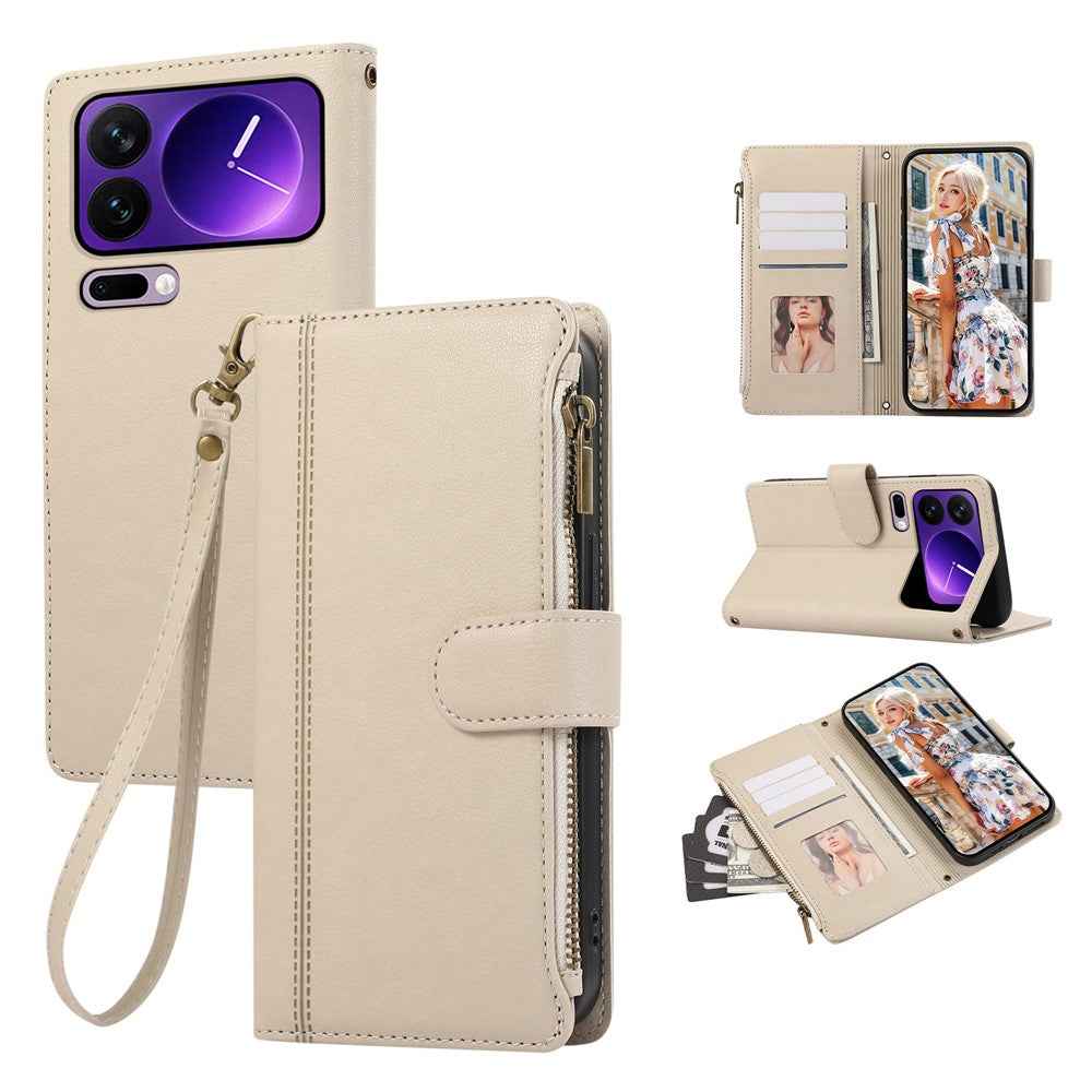 For Xiaomi 17 Pro Case Multi Card Slots Zipper Leather Phone Cover with Wrist Strap - Beige