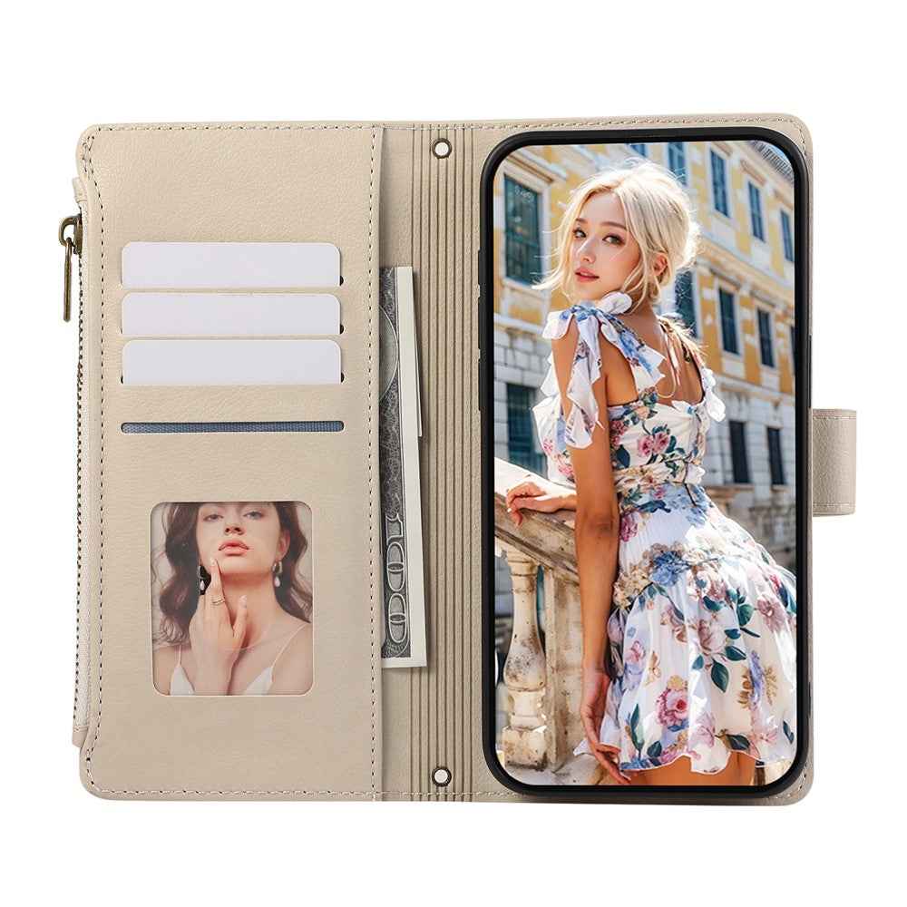 For Xiaomi 17 Pro Case Multi Card Slots Zipper Leather Phone Cover with Wrist Strap - Beige