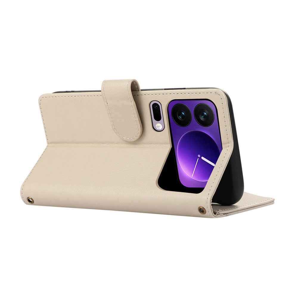 For Xiaomi 17 Pro Case Multi Card Slots Zipper Leather Phone Cover with Wrist Strap - Beige