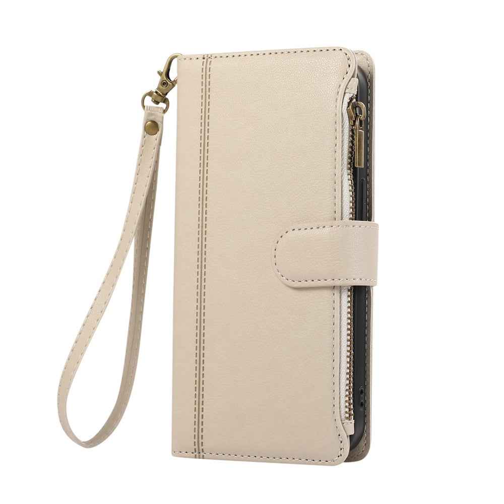 For Xiaomi 17 Pro Case Multi Card Slots Zipper Leather Phone Cover with Wrist Strap - Beige