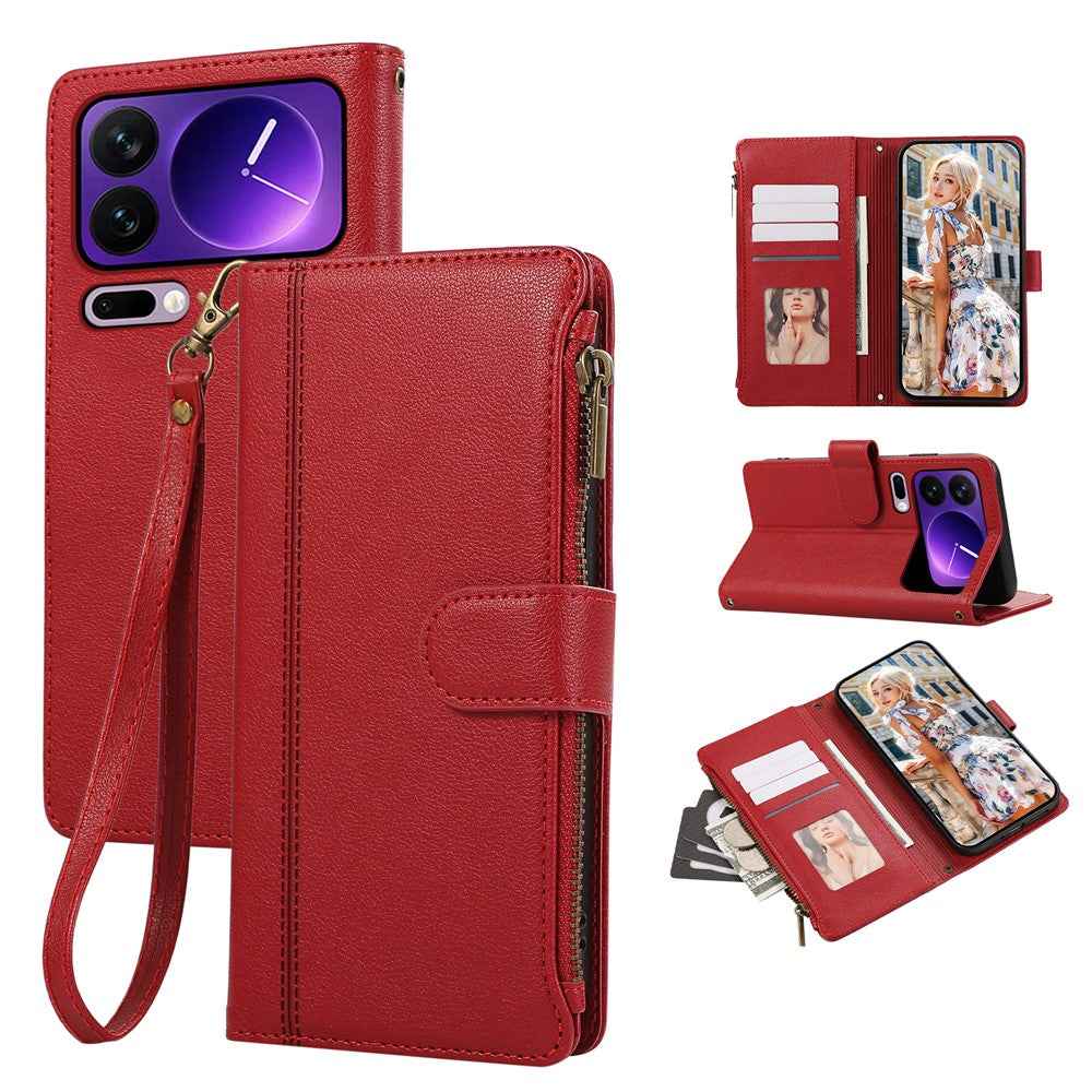 For Xiaomi 17 Pro Case Multi Card Slots Zipper Leather Phone Cover with Wrist Strap - Red
