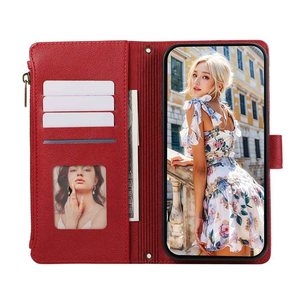 For Xiaomi 17 Pro Case Multi Card Slots Zipper Leather Phone Cover with Wrist Strap - Red