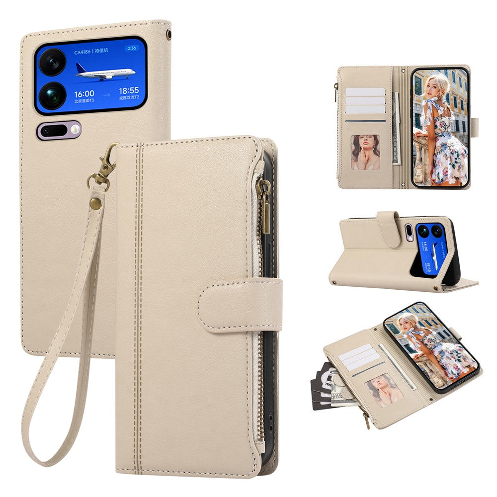 For Xiaomi 17 Pro Max Case Multi Card Slots Zipper Leather Phone Cover with Wrist Strap - Beige