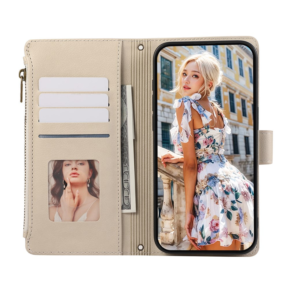 For Xiaomi 17 Pro Max Case Multi Card Slots Zipper Leather Phone Cover with Wrist Strap - Beige