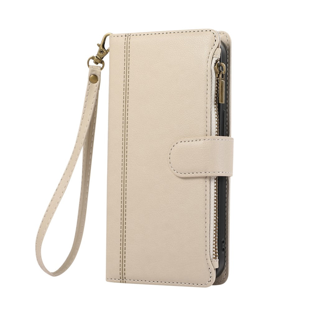 For Xiaomi 17 Pro Max Case Multi Card Slots Zipper Leather Phone Cover with Wrist Strap - Beige