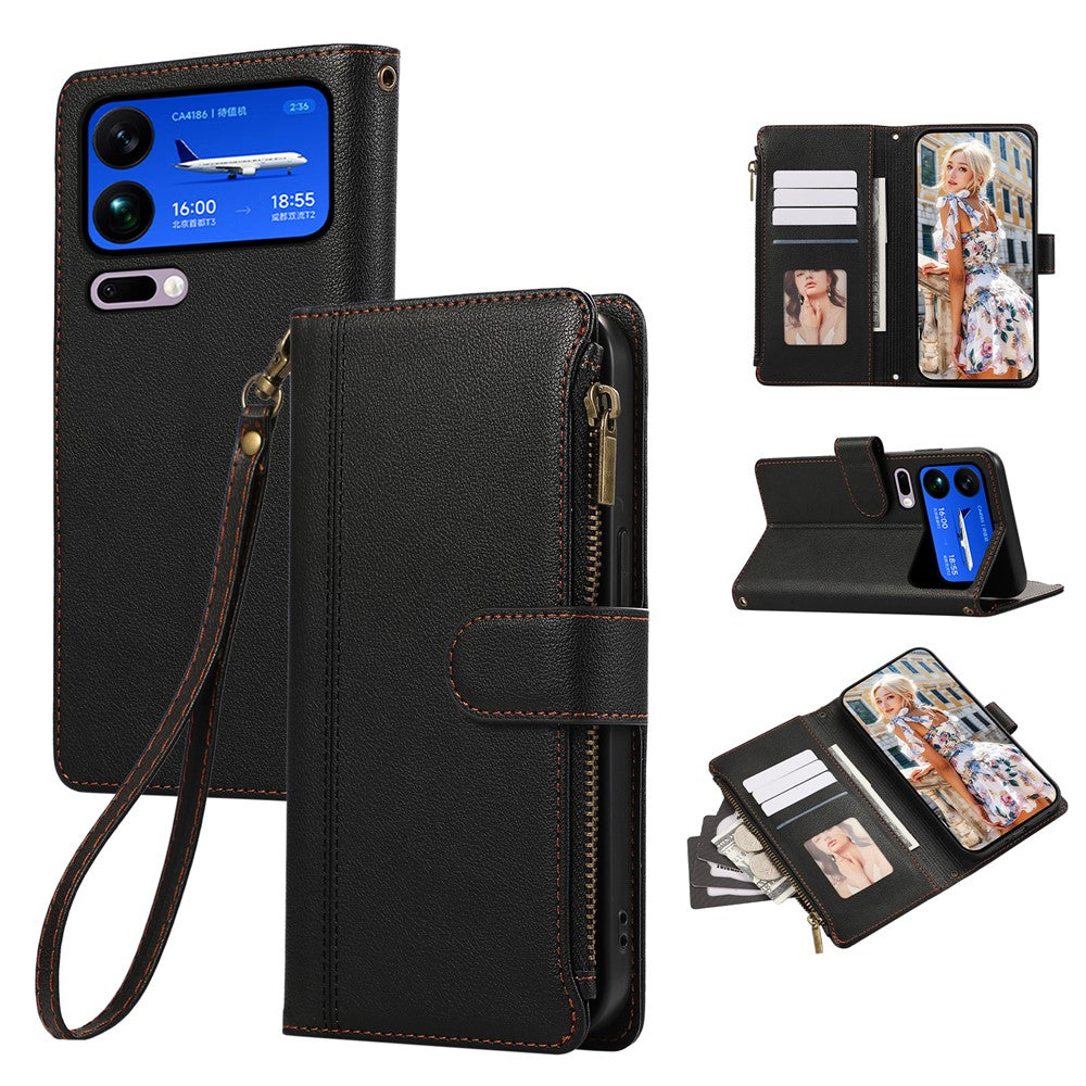 For Xiaomi 17 Pro Max Case Multi Card Slots Zipper Leather Phone Cover with Wrist Strap - Black