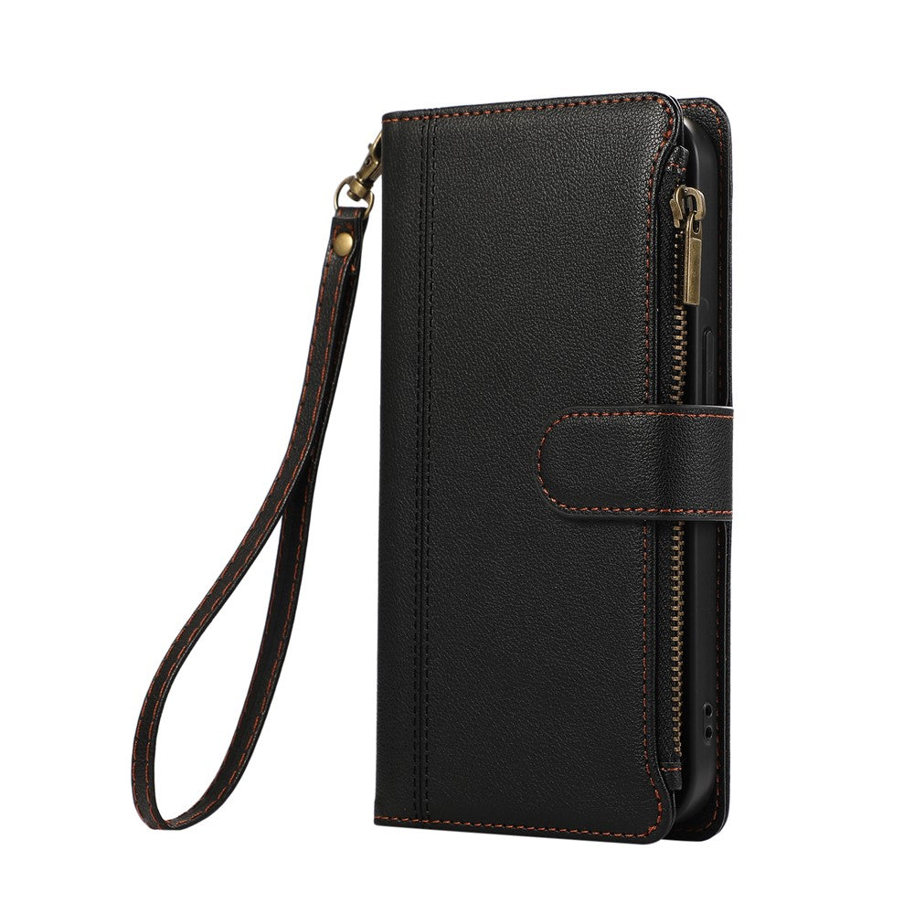 For Xiaomi 17 Pro Max Case Multi Card Slots Zipper Leather Phone Cover with Wrist Strap - Black