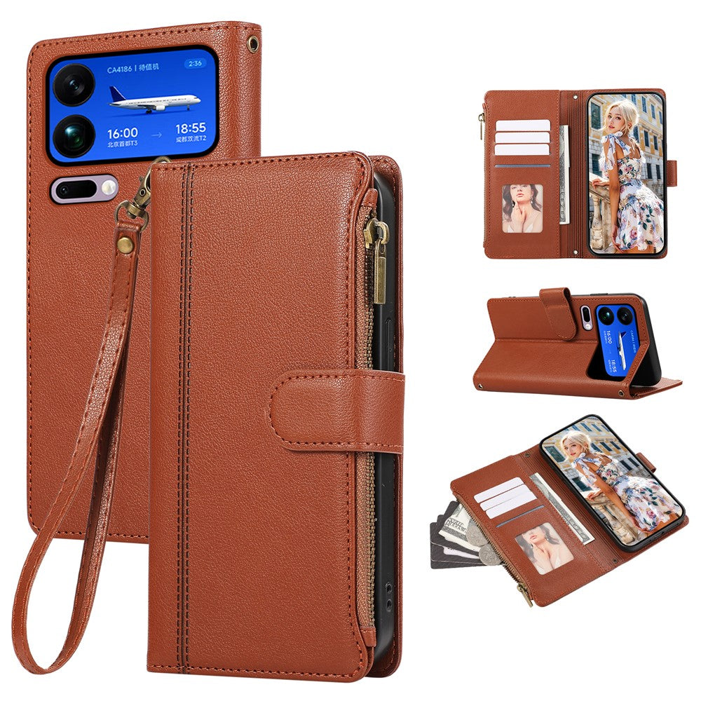For Xiaomi 17 Pro Max Case Multi Card Slots Zipper Leather Phone Cover with Wrist Strap - Brown