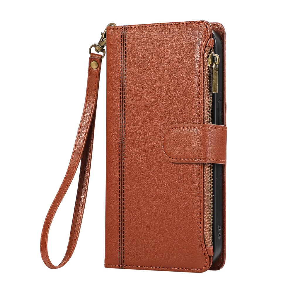 For Xiaomi 17 Pro Max Case Multi Card Slots Zipper Leather Phone Cover with Wrist Strap - Brown