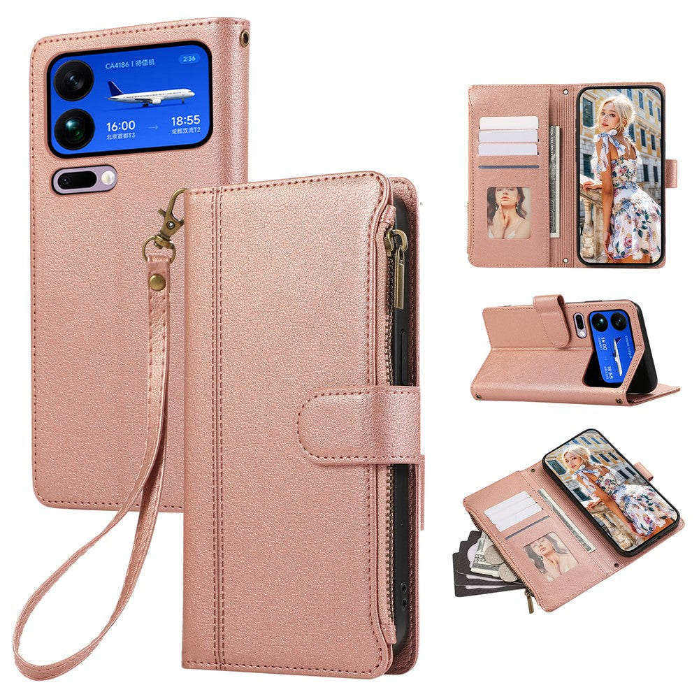 For Xiaomi 17 Pro Max Case Multi Card Slots Zipper Leather Phone Cover with Wrist Strap - Rose Gold