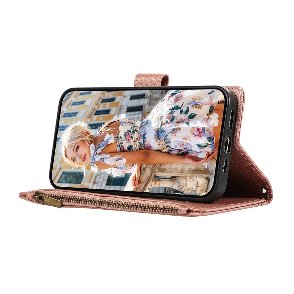 For Xiaomi 17 Pro Max Case Multi Card Slots Zipper Leather Phone Cover with Wrist Strap - Rose Gold