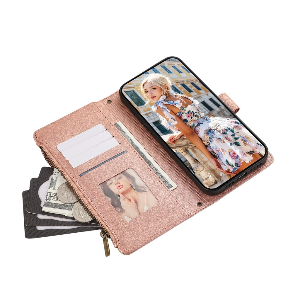 For Xiaomi 17 Pro Max Case Multi Card Slots Zipper Leather Phone Cover with Wrist Strap - Rose Gold