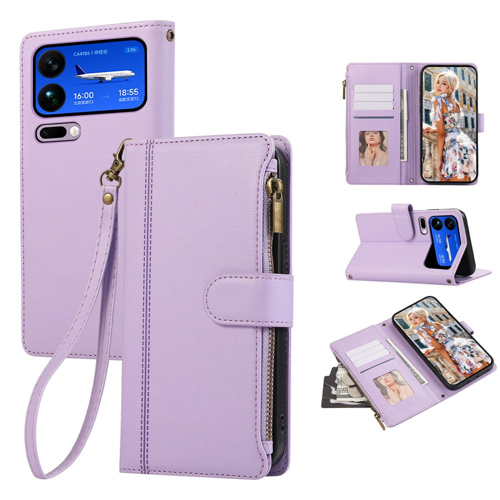 For Xiaomi 17 Pro Max Case Multi Card Slots Zipper Leather Phone Cover with Wrist Strap - Purple
