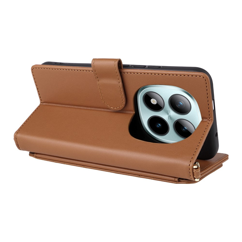 For Xiaomi Redmi Note 15 Pro 4G (Global) Leather Case Stand Wallet Phone Cover with Shoulder / Wrist Strap - Brown