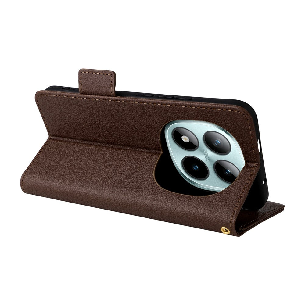 For Xiaomi Redmi Note 15 Pro 4G (Global) Case Litchi Texture Wallet Leather Phone Cover with Wrist Strap - Brown
