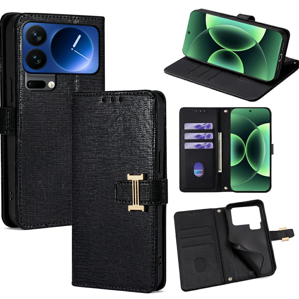 For Xiaomi 17 Pro Max Case Metal I-Buckle PU Leather Wallet Phone Cover - Black