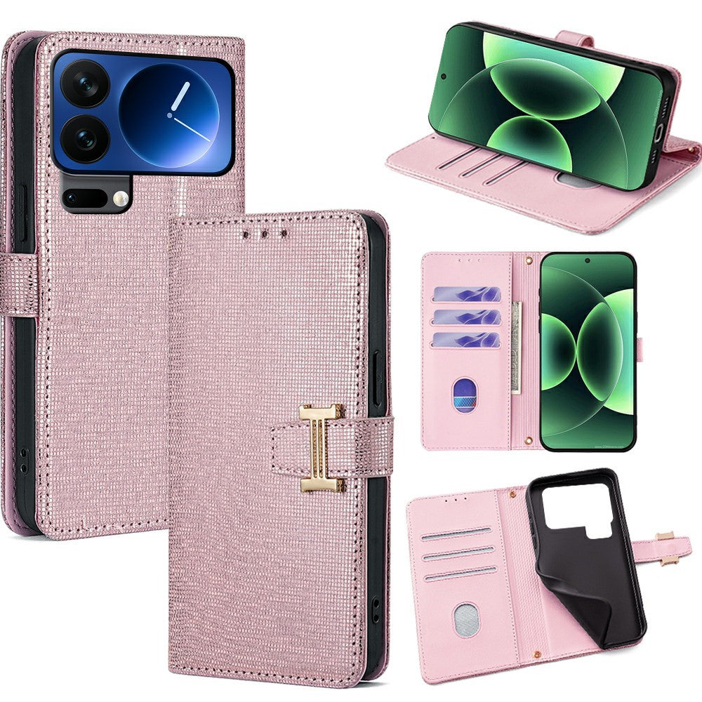 For Xiaomi 17 Pro Max Case Metal I-Buckle PU Leather Wallet Phone Cover - Rose Gold