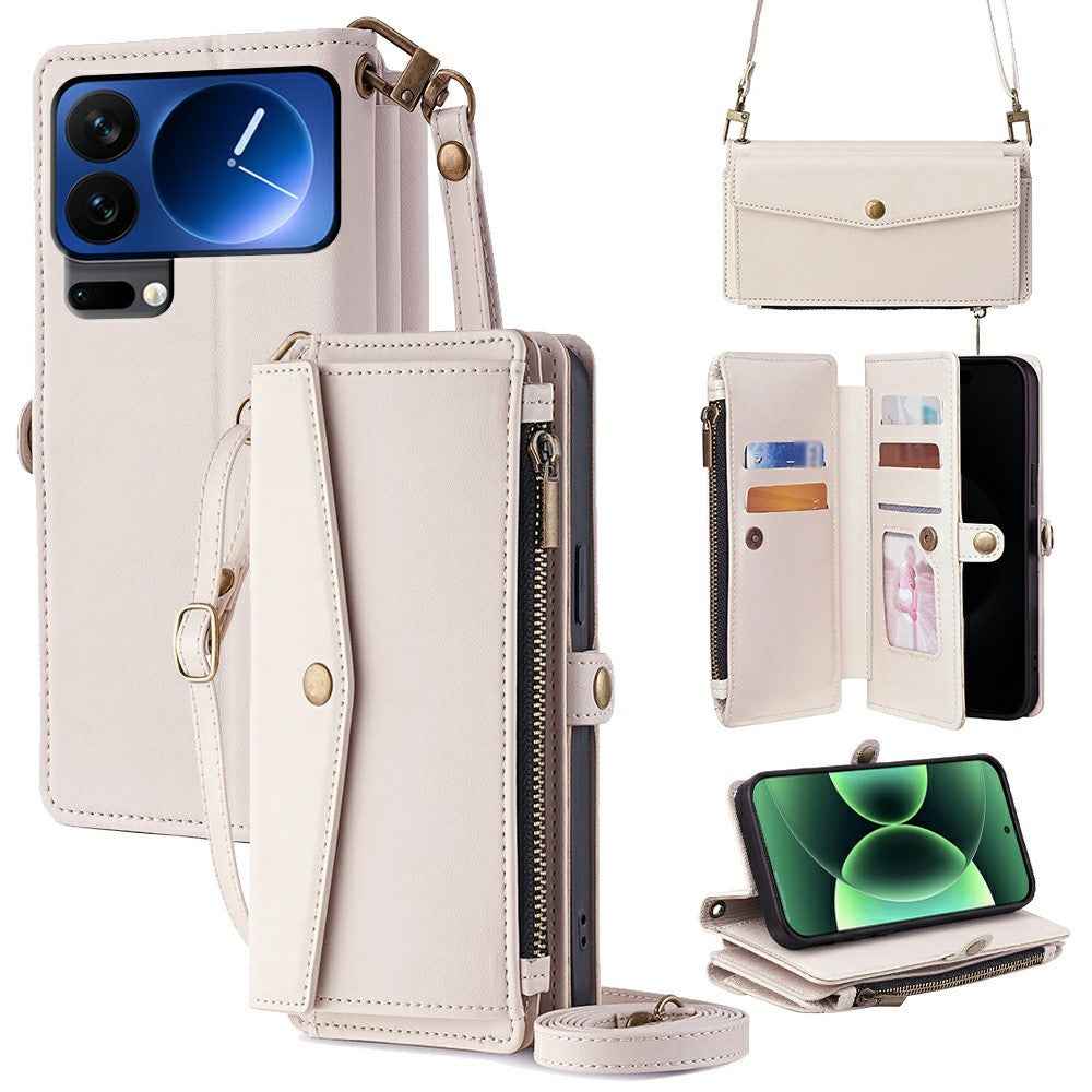 For Xiaomi 17 Pro Case Card Slots Zipper Purse PU Leather Phone Cover with Shoulder Strap - White
