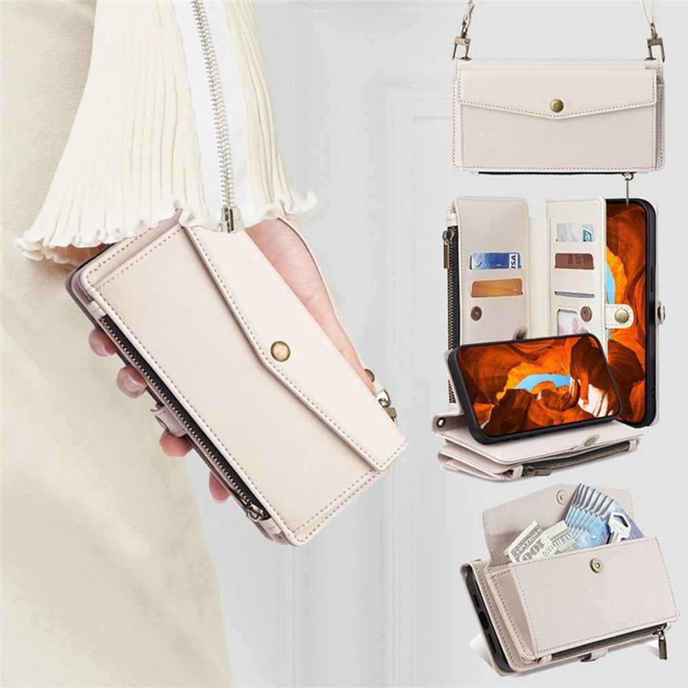 For Xiaomi 17 Pro Case Card Slots Zipper Purse PU Leather Phone Cover with Shoulder Strap - White