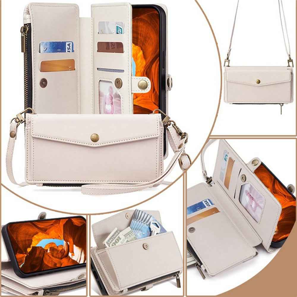 For Xiaomi 17 Pro Case Card Slots Zipper Purse PU Leather Phone Cover with Shoulder Strap - White
