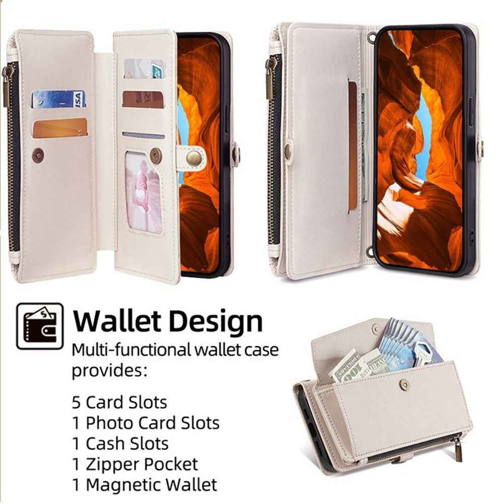 For Xiaomi 17 Pro Case Card Slots Zipper Purse PU Leather Phone Cover with Shoulder Strap - White