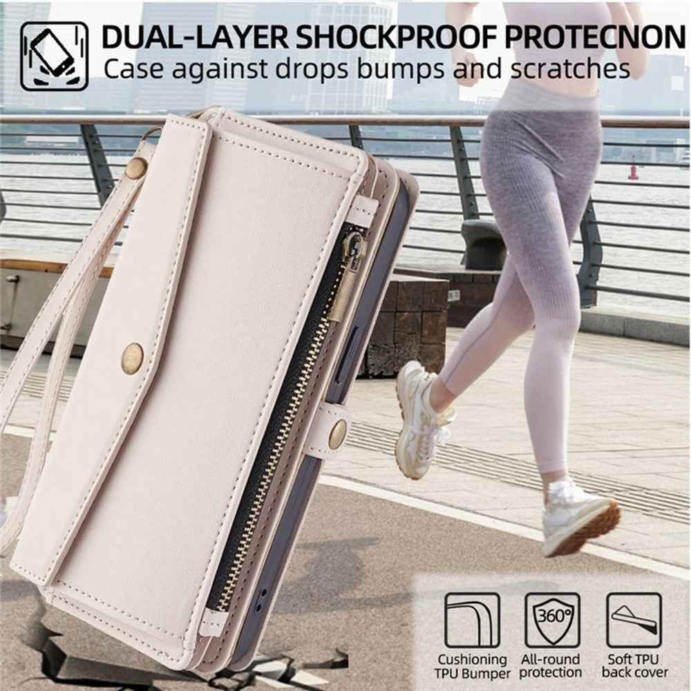For Xiaomi 17 Pro Case Card Slots Zipper Purse PU Leather Phone Cover with Shoulder Strap - White