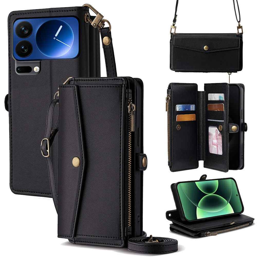 For Xiaomi 17 Pro Case Card Slots Zipper Purse PU Leather Phone Cover with Shoulder Strap - Black