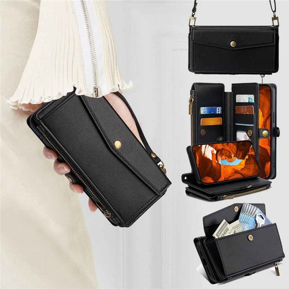 For Xiaomi 17 Pro Case Card Slots Zipper Purse PU Leather Phone Cover with Shoulder Strap - Black