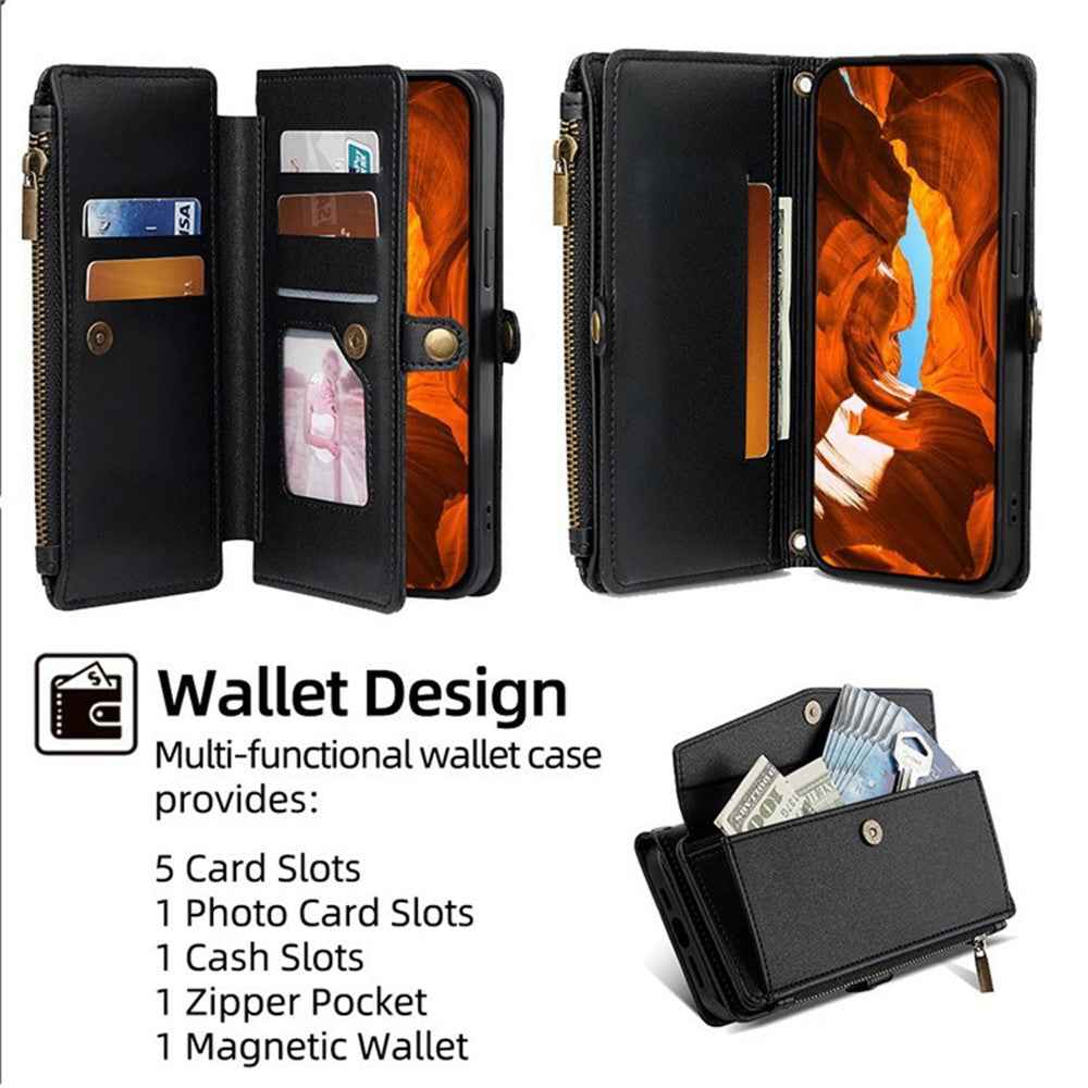 For Xiaomi 17 Pro Case Card Slots Zipper Purse PU Leather Phone Cover with Shoulder Strap - Black