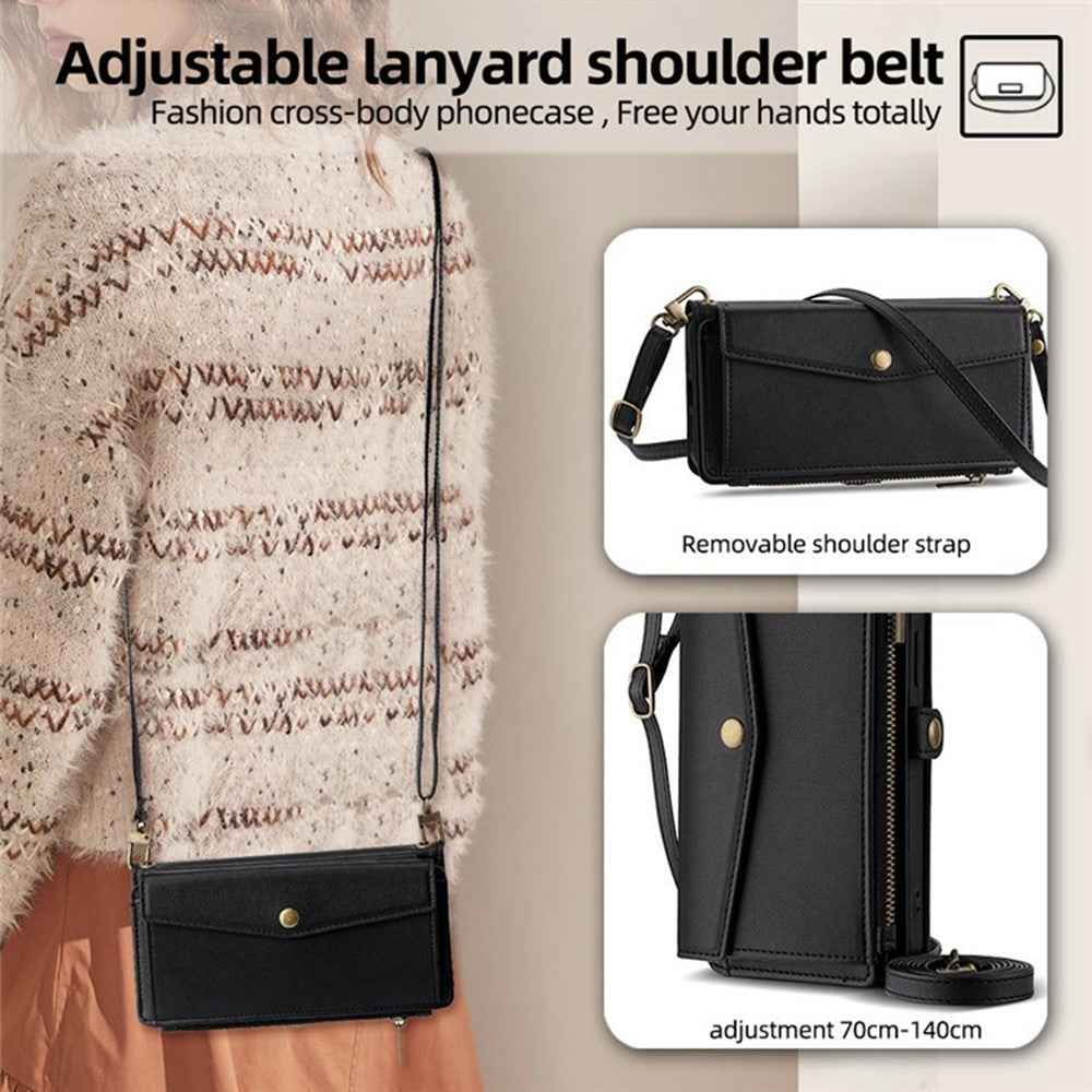 For Xiaomi 17 Pro Case Card Slots Zipper Purse PU Leather Phone Cover with Shoulder Strap - Black