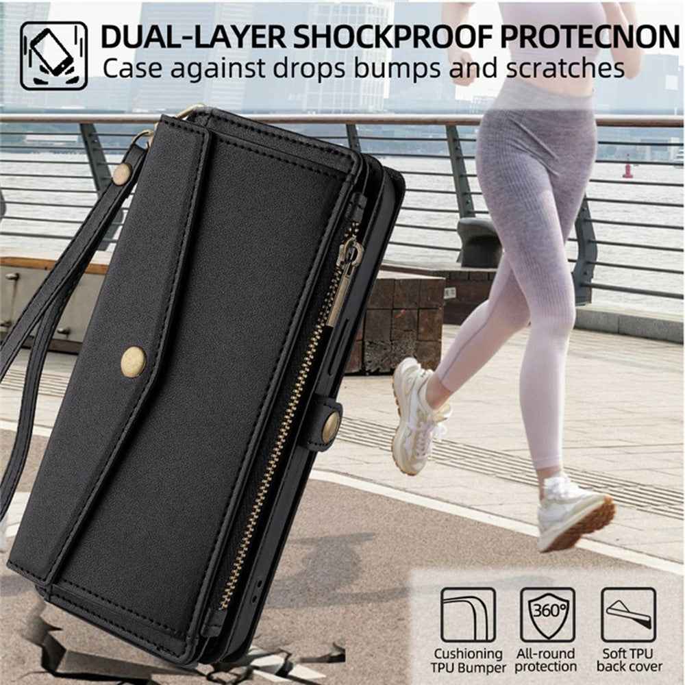 For Xiaomi 17 Pro Case Card Slots Zipper Purse PU Leather Phone Cover with Shoulder Strap - Black