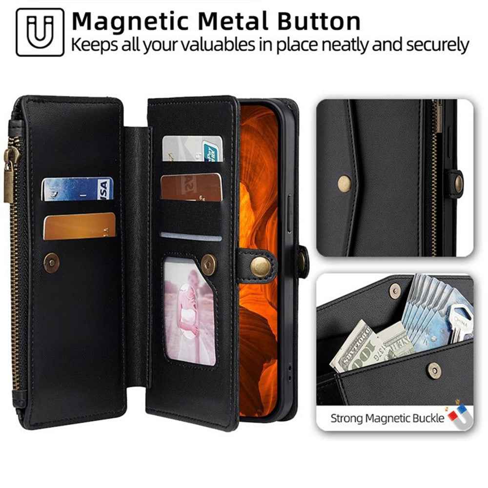 For Xiaomi 17 Pro Case Card Slots Zipper Purse PU Leather Phone Cover with Shoulder Strap - Black