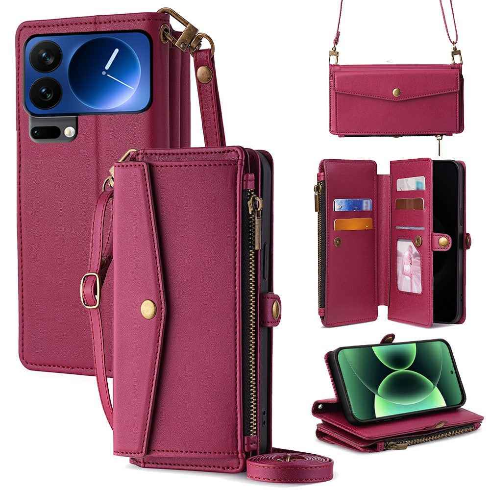 For Xiaomi 17 Pro Case Card Slots Zipper Purse PU Leather Phone Cover with Shoulder Strap - Red