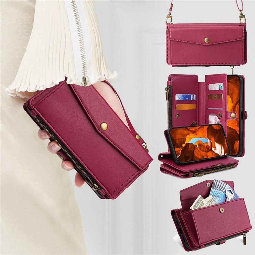 For Xiaomi 17 Pro Case Card Slots Zipper Purse PU Leather Phone Cover with Shoulder Strap - Red