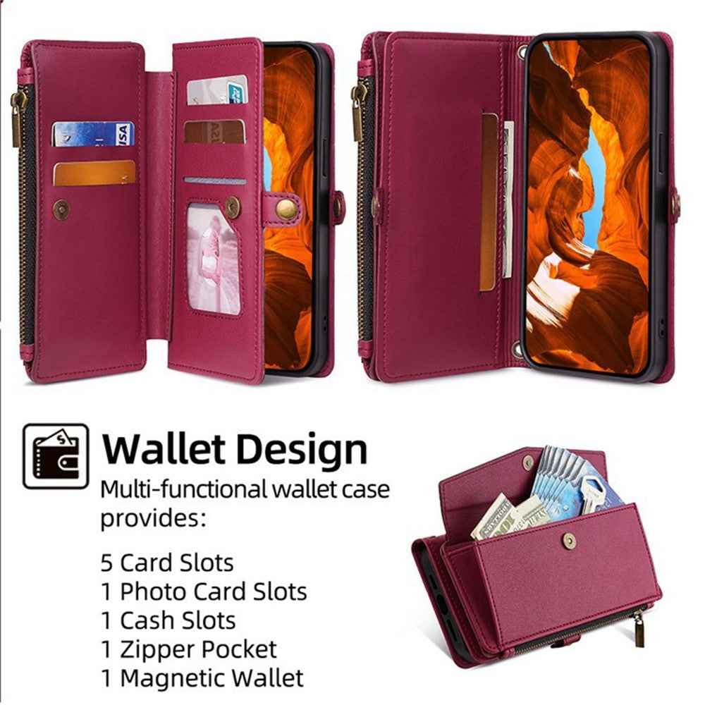 For Xiaomi 17 Pro Case Card Slots Zipper Purse PU Leather Phone Cover with Shoulder Strap - Red