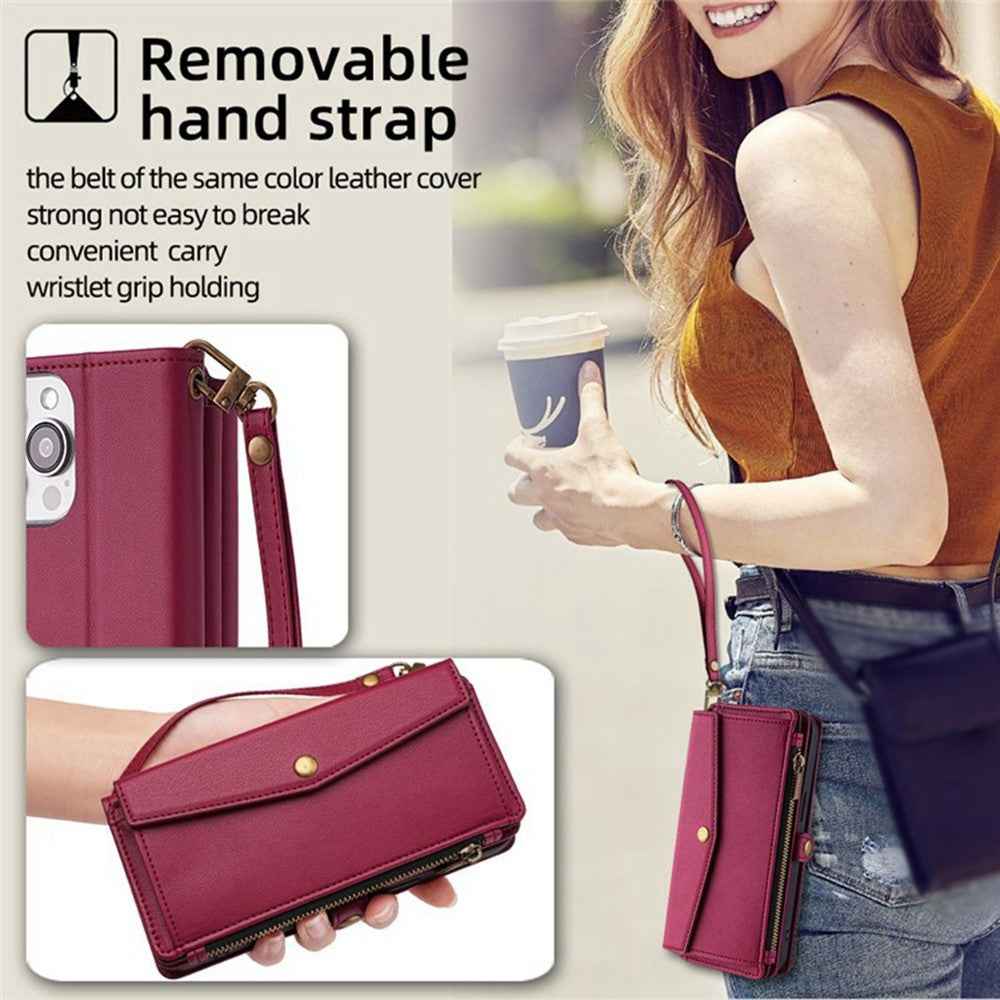 For Xiaomi 17 Pro Case Card Slots Zipper Purse PU Leather Phone Cover with Shoulder Strap - Red