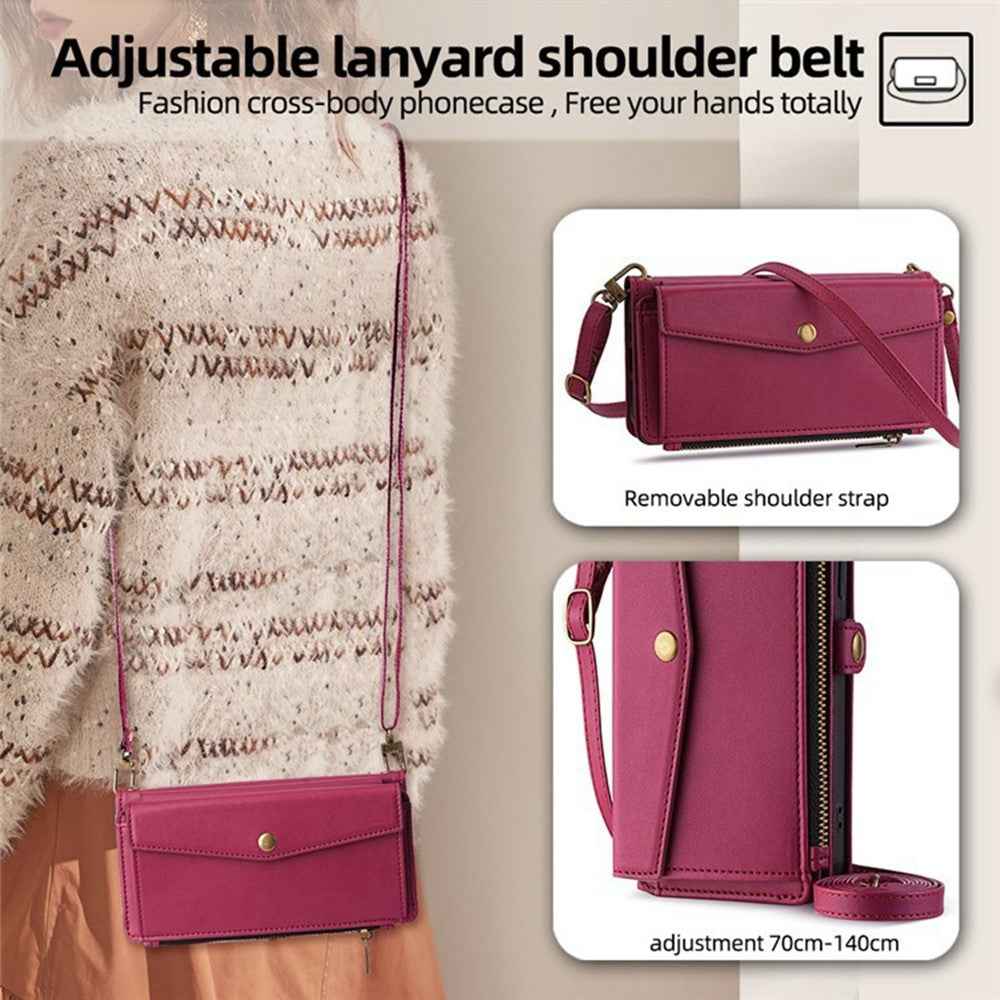 For Xiaomi 17 Pro Case Card Slots Zipper Purse PU Leather Phone Cover with Shoulder Strap - Red