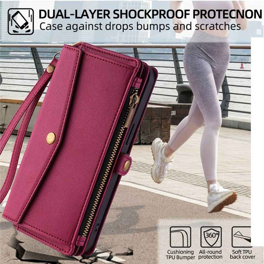 For Xiaomi 17 Pro Case Card Slots Zipper Purse PU Leather Phone Cover with Shoulder Strap - Red