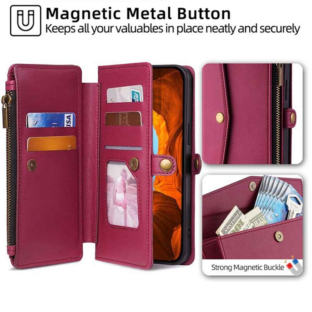For Xiaomi 17 Pro Case Card Slots Zipper Purse PU Leather Phone Cover with Shoulder Strap - Red