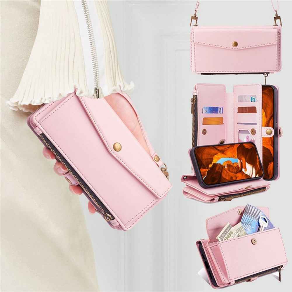 For Xiaomi 17 Pro Case Card Slots Zipper Purse PU Leather Phone Cover with Shoulder Strap - Pink