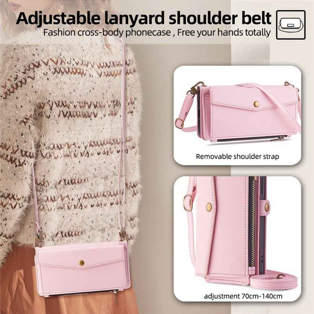 For Xiaomi 17 Pro Case Card Slots Zipper Purse PU Leather Phone Cover with Shoulder Strap - Pink