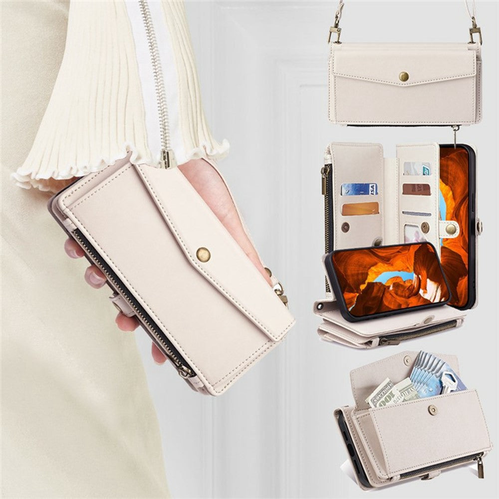 For Xiaomi 17 Pro Max Case Card Slots Zipper Purse PU Leather Phone Cover with Shoulder Strap - White