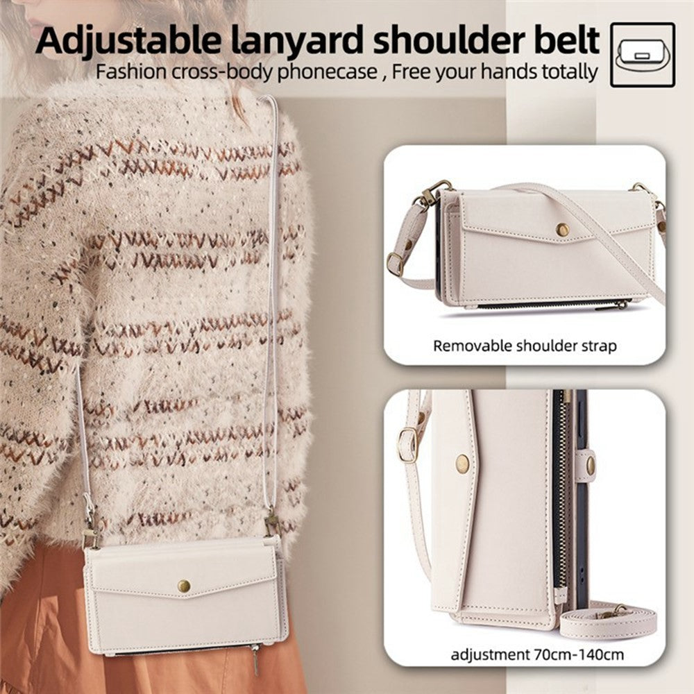 For Xiaomi 17 Pro Max Case Card Slots Zipper Purse PU Leather Phone Cover with Shoulder Strap - White