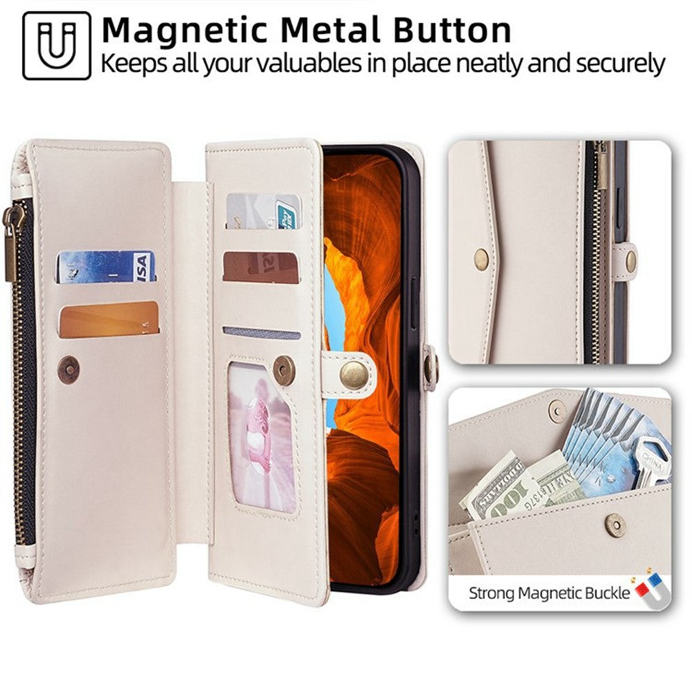 For Xiaomi 17 Pro Max Case Card Slots Zipper Purse PU Leather Phone Cover with Shoulder Strap - White