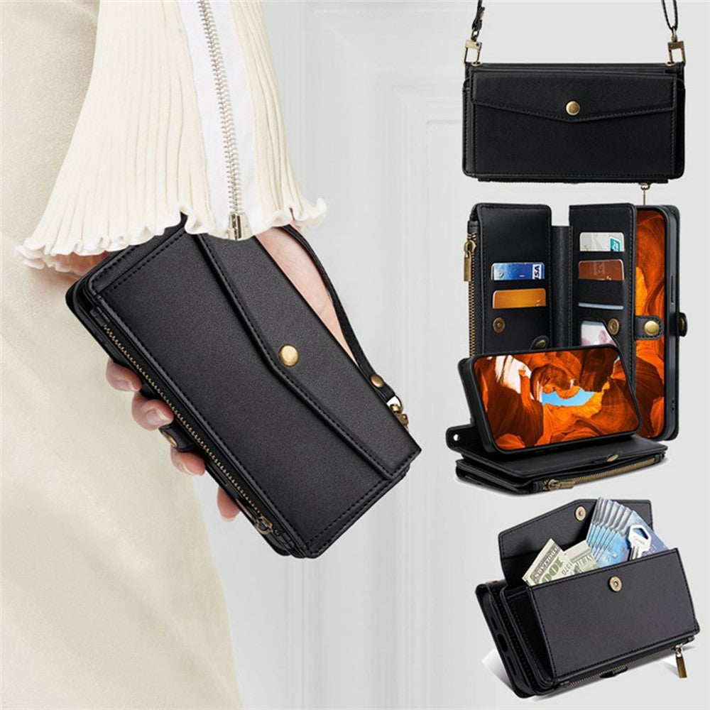 For Xiaomi 17 Pro Max Case Card Slots Zipper Purse PU Leather Phone Cover with Shoulder Strap - Black