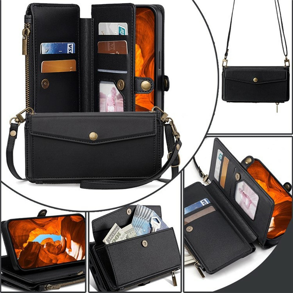 For Xiaomi 17 Pro Max Case Card Slots Zipper Purse PU Leather Phone Cover with Shoulder Strap - Black